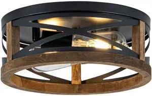 Farmhouse Ceiling Light, 2-Light Round Flush Mount Ceiling Light with Wood and Metal Frame, Black Rustic Light Fixture for Hallway, Entryway, Bedroom, Kitchen Farmhouse Ceiling Light, 2-Light Round Flush Mount Ceiling Light with Wood and Metal Frame, Black Rustic Light Fixture for Hallway, Entryway, Bedroom, Kitchen