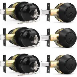 Entry Door Knobs Lock Set and Single Cylinder Deadbolt Combination Set, Entry Door Locksets with Deadbolt Same Key Flat Black (3 Pack), Keyed Alike Entry Door Knobs Lock Set and Single Cylinder Deadbolt Combination Set, Entry Door Locksets with Deadbolt Same Key Flat Black (3 Pack), Keyed Alike