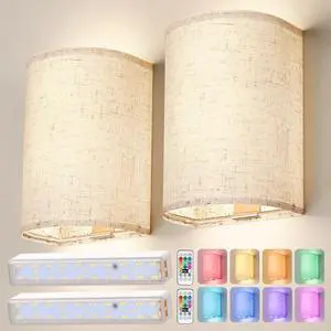 Battery Operated Wall Sconce Wireless Wall Sconces Set of Two | Rechargeable Magnetic Bulb Wall Lights Lamp Dimmable Timer with 16 RGB Fabric Linen Shade with Remote for Bedroom Living Room Battery Operated Wall Sconce Wireless Wall Sconces Set of Two | Rechargeable Magnetic Bulb Wall Lights Lamp Dimmable Timer with 16 RGB Fabric Linen Shade with Remote for Bedroom Living Room