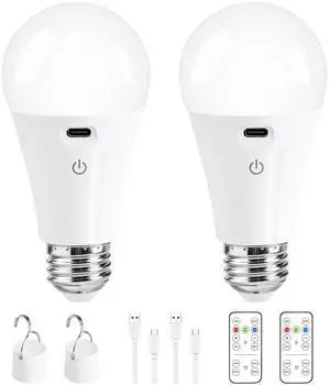 Rechargeable Light Bulbs with Remote and USB Charging, 3 Colors Dimmable Battery Operated Light Bulb with 4 Timer, A19 Wireless Light Bulbs for Wall Sconce, Not-Hardwired, 2 Pack Rechargeable Light Bulbs with Remote and USB Charging, 3 Colors Dimmable Battery Operated Light Bulb with 4 Timer, A19 Wireless Light Bulbs for Wall Sconce, Not-Hardwired, 2 Pack