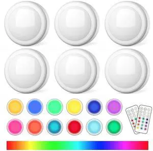 LED Puck Lights with Remote, AA Battery Powered Operated, 6 Pack | 13 Color RGB with Dimmer, Timer, Wireless Push Touch Night Light, 3M Stick On, For Closet Under Cabinet LED Puck Lights with Remote, AA Battery Powered Operated, 6 Pack | 13 Color RGB with Dimmer, Timer, Wireless Push Touch Night Light, 3M Stick On, For Closet Under Cabinet