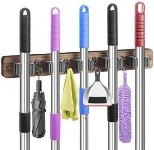 Broom Holder Wall Mount, Rustic Broom Hanger for Laundry Room | Wood Broom and Mop Organization and Storage, Mop Holder for Home Decor, Garden, Garage, Closet, 5 Racks and 4 Hooks, Brown Broom Holder Wall Mount, Rustic Broom Hanger for Laundry Room | Wood Broom and Mop Organization and Storage, Mop Holder for Home Decor, Garden, Garage, Closet, 5 Racks and 4 Hooks, Brown
