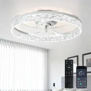Ceiling Fans with Lights and Remote: Full Package 20" Modern Low Profile Flush Mount LED Ceiling Fan for Bedroom App Control - White Crystal Bladeless Fandelier for Laundry Room Kitchen Ceiling Fans with Lights and Remote: Full Package 20" Modern Low Profile Flush Mount LED Ceiling Fan for Bedroom App Control - White Crystal Bladeless Fandelier for Laundry Room Kitchen