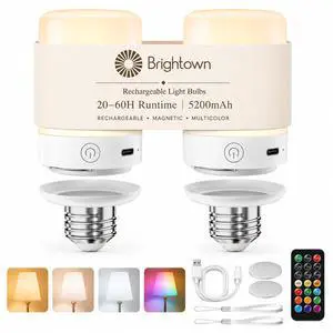 Upgraded 5200mAh E26 Rechargeable Light Bulbs with Remote Timer | 2060H runtime, dimmable 3000K6000K white light, 9 RGB colors, magnetic wireless design for lamps and sconces Upgraded 5200mAh E26 Rechargeable Light Bulbs with Remote Timer | 2060H runtime, dimmable 3000K6000K white light, 9 RGB colors, magnetic wireless design for lamps and sconces
