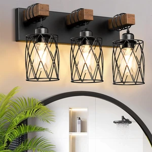 Farmhouse Bathroom Vanity Light, 3-Light Wood Bathroom Light Fixtures Over Mirror, Black Industrial Vanity Lights with Metal Shade, Rustic Restroom Lighting Fixtures Farmhouse Bathroom Vanity Light, 3-Light Wood Bathroom Light Fixtures Over Mirror, Black Industrial Vanity Lights with Metal Shade, Rustic Restroom Lighting Fixtures