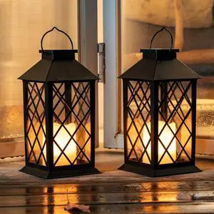 2 Pack 13'' Black Solar Lanterns, Flickering Flame Hanging Lights | Realistic Flickering Flame Creates Cozy Ambiance for Patios, Porches, Gardens, Yards and Outdoor Evening Gatherings 2 Pack 13'' Black Solar Lanterns, Flickering Flame Hanging Lights | Realistic Flickering Flame Creates Cozy Ambiance for Patios, Porches, Gardens, Yards and Outdoor Evening Gatherings