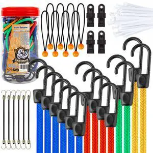 32-Piece Bungee Cord Assortment with Hooks | Rubber Bungee Cords in 10, 18, 24, 32 and 40 in Sizes for Cargo, Camping and Storage, with Ball Ties, Tarp Clips and Zip Ties 32-Piece Bungee Cord Assortment with Hooks | Rubber Bungee Cords in 10, 18, 24, 32 and 40 in Sizes for Cargo, Camping and Storage, with Ball Ties, Tarp Clips and Zip Ties