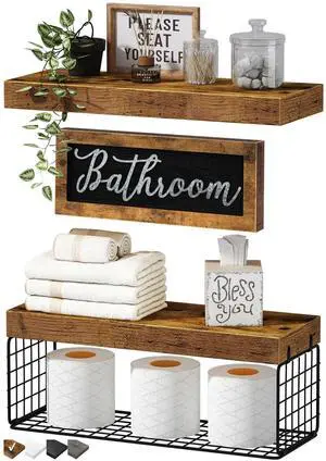 Bathroom Shelves Over Toilet - Paper Storage Wall Mounted Farmhouse Decor Decorations Aesthetic Décor Sign Small Floating Shelf 2+1 Set 16 inch, Rustic Brown (020BN) Bathroom Shelves Over Toilet - Paper Storage Wall Mounted Farmhouse Decor Decorations Aesthetic Décor Sign Small Floating Shelf 2+1 Set 16 inch, Rustic Brown (020BN)