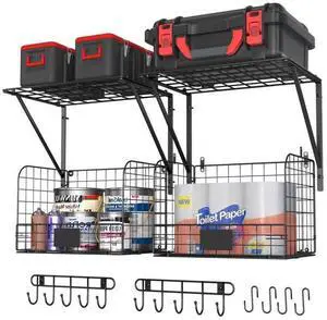 2 Pack Garage Shelves Wall Mounted with Wire Baskets, Heavy Duty Garage Wall Shelving with Hooks, Wire Shelf Baskets Tool Organizer for Home Garden Garage Organization and Storage 2 Pack Garage Shelves Wall Mounted with Wire Baskets, Heavy Duty Garage Wall Shelving with Hooks, Wire Shelf Baskets Tool Organizer for Home Garden Garage Organization and Storage