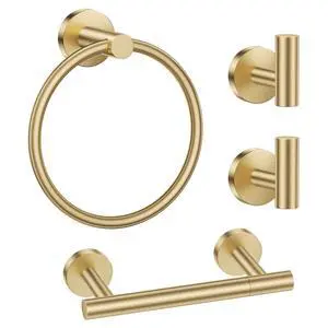 Brushed Gold Bathroom Hardware Set, Toilet Paper Holder, Towel Ring & Hooks | Bathroom Accessories Include Stainless Steel Double Bases Toilet Paper Holder, Towel Ring, 2 Towel Hooks Wall Mount Brushed Gold Bathroom Hardware Set, Toilet Paper Holder, Towel Ring & Hooks | Bathroom Accessories Include Stainless Steel Double Bases Toilet Paper Holder, Towel Ring, 2 Towel Hooks Wall Mount