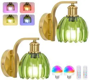 Vintage Battery Operated Wall Sconce, Wireless Wall Lights with Bulbs | 15 Colors Rechargeable Gold Wall Lamp Set of 2 with Green Tulip Glass Lampshade and Remote for Bedroom Living Room Decor Vintage Battery Operated Wall Sconce, Wireless Wall Lights with Bulbs | 15 Colors Rechargeable Gold Wall Lamp Set of 2 with Green Tulip Glass Lampshade and Remote for Bedroom Living Room Decor
