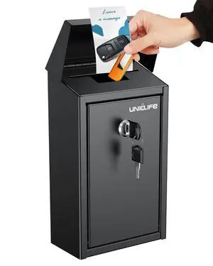 Black Metal Donation Box, Wall Mounted Mailbox for Outside | Safe Suggestion Box with Key Lock, Steel Key Drop Box with Top Slot, Cash Box for Home Office and Business Black Metal Donation Box, Wall Mounted Mailbox for Outside | Safe Suggestion Box with Key Lock, Steel Key Drop Box with Top Slot, Cash Box for Home Office and Business