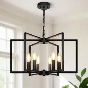 Black Farmhouse Chandelier, 6 Light Geometric Dining Room Light Fixture, Modern Industrial Metal Ceiling Light Rustic Hanging Pendant Lights with E12 base for Kitchen Island Entryway Foyer, Indoor Black Farmhouse Chandelier, 6 Light Geometric Dining Room Light Fixture, Modern Industrial Metal Ceiling Light Rustic Hanging Pendant Lights with E12 base for Kitchen Island Entryway Foyer, Indoor
