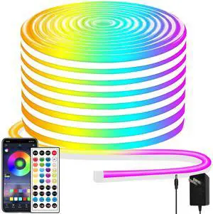 50ft Neon Rope Light, 24V RGB LED Strip Lights, Multi-Color, Music Sync, Dimmable, Remote/APP Control, Flexible DIY Design for Bedroom Indoor Outdoor 50ft Neon Rope Light, 24V RGB LED Strip Lights, Multi-Color, Music Sync, Dimmable, Remote/APP Control, Flexible DIY Design for Bedroom Indoor Outdoor