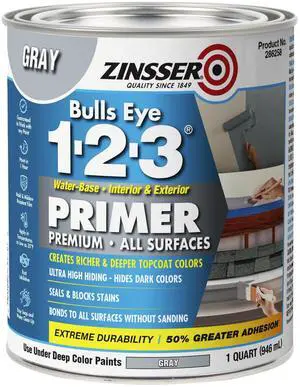 286258 Bulls Eye 1-2-3 All Surface Primer, Quart, Gray | Bulls Eye 1-2-3 water-base primer-sealer, 31.5oz, Gray. All-surface stain-blocking primer for interior & exterior; sticks 286258 Bulls Eye 1-2-3 All Surface Primer, Quart, Gray | Bulls Eye 1-2-3 water-base primer-sealer, 31.5oz, Gray. All-surface stain-blocking primer for interior & exterior; sticks