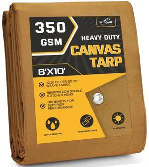 Heavy Duty Canvas Tarp 8x10 ft, 12oz (350 GSM) Polyester Canvas Water-Resistant Tarp with Rustproof Grommets, Tear-Resistant Outdoor Cover for Wood Piles, Camping, Trailer & Equipment Heavy Duty Canvas Tarp 8x10 ft, 12oz (350 GSM) Polyester Canvas Water-Resistant Tarp with Rustproof Grommets, Tear-Resistant Outdoor Cover for Wood Piles, Camping, Trailer & Equipment