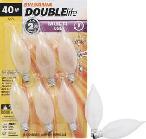 Sylvania Double Life Incandescent Light Bulb, B10, 40W, Dimmable, Candelabra Base, 285 Lumens, Frosted - 6 Count (Pack of 1) (15323) Sylvania Double Life Incandescent Light Bulb, B10, 40W, Dimmable, Candelabra Base, 285 Lumens, Frosted - 6 Count (Pack of 1) (15323)