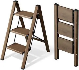 3 Step Stool Foldable Ladder,Aluminum Step Ladder | Folding Lightweight Stable Stool with Wide Non-Slip Pedals, 330lbs Bearing Capacity Ladder for Office,Home,Kitchen-Walnut 3 Step Stool Foldable Ladder,Aluminum Step Ladder | Folding Lightweight Stable Stool with Wide Non-Slip Pedals, 330lbs Bearing Capacity Ladder for Office,Home,Kitchen-Walnut
