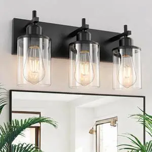 3-Light Black Bathroom Light Fixture Over Mirror Modern Farmhouse Bathroom Vanity Light Vintage Wall Lighting with Clear Glass Shade for Bathroom, Bedroom, Hallway, Cabinet 3-Light Black Bathroom Light Fixture Over Mirror Modern Farmhouse Bathroom Vanity Light Vintage Wall Lighting with Clear Glass Shade for Bathroom, Bedroom, Hallway, Cabinet