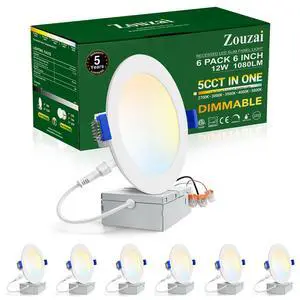 6 Pack 6 Inch LED Recessed Ceiling Light, 5CCT, 1080LM, Dimmable | 2700K-5000K Selectable, 12W Eqv 110W, 120V, with Junction Box, Canless Wafer Downlight, White, Damp Location, ETL & IC Rated 6 Pack 6 Inch LED Recessed Ceiling Light, 5CCT, 1080LM, Dimmable | 2700K-5000K Selectable, 12W Eqv 110W, 120V, with Junction Box, Canless Wafer Downlight, White, Damp Location, ETL & IC Rated