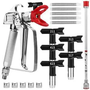 3600 PSI High Airless Paint Sprayer Gun with Nozzle Guard and with 5 Spray Nozzle Tips and 5 Airless Paint Sprayer Gun Filters and 16Inch(40CM) Spray Painted Extension Pole (211, 313, 415, 517, 623) 3600 PSI High Airless Paint Sprayer Gun with Nozzle Guard and with 5 Spray Nozzle Tips and 5 Airless Paint Sprayer Gun Filters and 16Inch(40CM) Spray Painted Extension Pole (211, 313, 415, 517, 623)