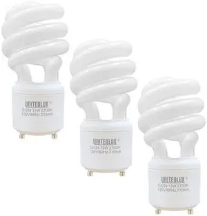 13Watt T2 Spiral CFL GU24 2 Prong Light Bulb Base 2700K 900lm 120v 60Hz Light Bulb- Mini Twist Lock Spiral -Self Ballasted Compact Fluorescent Soft White Pack of 3 13Watt T2 Spiral CFL GU24 2 Prong Light Bulb Base 2700K 900lm 120v 60Hz Light Bulb- Mini Twist Lock Spiral -Self Ballasted Compact Fluorescent Soft White Pack of 3