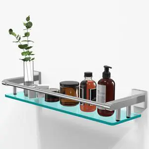 20 Inches Glass Shelf for Bathroom, Brushed Nickel Glass Shelves for Wall with Smooth Stainless Steel Railing, Modern Tempered Glass Organizer Shelf 20 Inches Glass Shelf for Bathroom, Brushed Nickel Glass Shelves for Wall with Smooth Stainless Steel Railing, Modern Tempered Glass Organizer Shelf