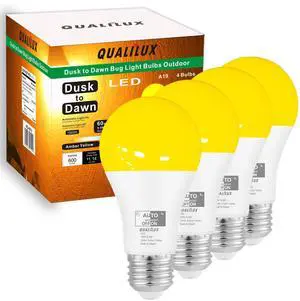 Dusk to Dawn A19 LED Bug Light Bulbs Outdoor, 1900K Amber Yellow, 600 Lumen, 9.5W, E26, 4-Pack, HQ-H018 Dusk to Dawn A19 LED Bug Light Bulbs Outdoor, 1900K Amber Yellow, 600 Lumen, 9.5W, E26, 4-Pack, HQ-H018