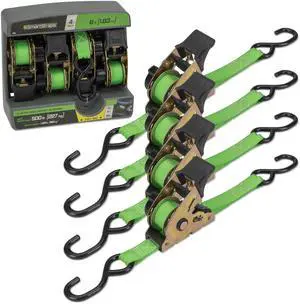 Retractable Ratchet Tie Down Straps (4 PK) 1,500lb Break Strength, 500lb Safe Work Load, Standard Duty, Secure and Haul ATVs, Lawn Tractors, Cargo, Boxes and Other Small Equipment Retractable Ratchet Tie Down Straps (4 PK) 1,500lb Break Strength, 500lb Safe Work Load, Standard Duty, Secure and Haul ATVs, Lawn Tractors, Cargo, Boxes and Other Small Equipment