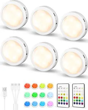 6-Pack RGB Rechargeable Puck Lights with Remote, Mini Under Cabinet Lighting, 2.95'' Tap Lights, 16 RGB Colors & 3 White Color Temps, Dimmable Stick-On Closet Lights for Kitchen, Shelf 6-Pack RGB Rechargeable Puck Lights with Remote, Mini Under Cabinet Lighting, 2.95'' Tap Lights, 16 RGB Colors & 3 White Color Temps, Dimmable Stick-On Closet Lights for Kitchen, Shelf