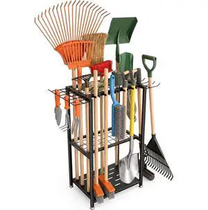 Garden Tool Organizer, 3-Tier Metal Yard Tool Rack with 14 Hooks & 5 Slots, Holds 50+ Rakes/Shovels/Brooms, Heavy Duty Freestanding Lawn Tool Storage for Garage Shed Outdoor Organization Garden Tool Organizer, 3-Tier Metal Yard Tool Rack with 14 Hooks & 5 Slots, Holds 50+ Rakes/Shovels/Brooms, Heavy Duty Freestanding Lawn Tool Storage for Garage Shed Outdoor Organization