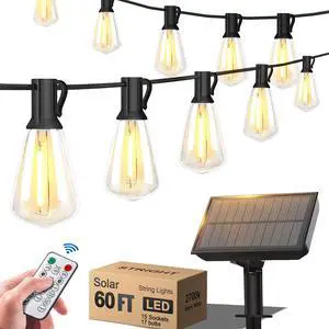 60FT Solar String Lights Weatherproof 15 LED for Patio Holiday | Weatherproof with Remote, Solar Powered LED Edison Bulb, 15 Sockets, For Patio Backyard Fence 60FT Solar String Lights Weatherproof 15 LED for Patio Holiday | Weatherproof with Remote, Solar Powered LED Edison Bulb, 15 Sockets, For Patio Backyard Fence