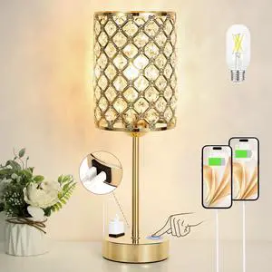Gold Lamps for Night Stands, Crystal Table Lamp with Touch Control | 3-Way Dimmable, USB-C+A & AC Outlet, Desk Lamp for Bedside, Nightstand, Living Room, Home Office, Bulbs Included Gold Lamps for Night Stands, Crystal Table Lamp with Touch Control | 3-Way Dimmable, USB-C+A & AC Outlet, Desk Lamp for Bedside, Nightstand, Living Room, Home Office, Bulbs Included