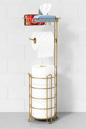 Gold Free Standing Toilet Paper Holder Stand with Phone Shelf, Floor Bathroom Tissue Holder for Large Mega Rolls, Metal Freestanding Toilet Paper Roll Holder with Wipes Storage Tray Gold Free Standing Toilet Paper Holder Stand with Phone Shelf, Floor Bathroom Tissue Holder for Large Mega Rolls, Metal Freestanding Toilet Paper Roll Holder with Wipes Storage Tray