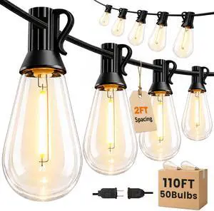 Outdoor String Lights 110FT(100+10) Waterproof, 50 LED S14 Shatterproof Edison Bulbs, 2FT Spacing, Extension Cord, Connectable Plug in Hanging Patio Lights for Outside, Backyard, Warm White Outdoor String Lights 110FT(100+10) Waterproof, 50 LED S14 Shatterproof Edison Bulbs, 2FT Spacing, Extension Cord, Connectable Plug in Hanging Patio Lights for Outside, Backyard, Warm White