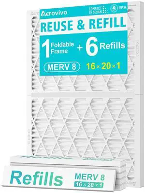 Refillable 16x20x1 Air Filter MERV 8, Reusable Frame & 6 Refills | Lint, Pet Hair & Everyday Particle Control, 30-90 Day Filter for AC, HVAC & Furnace Systems, Actual Size 15.75x19.75x0.75in Refillable 16x20x1 Air Filter MERV 8, Reusable Frame & 6 Refills | Lint, Pet Hair & Everyday Particle Control, 30-90 Day Filter for AC, HVAC & Furnace Systems, Actual Size 15.75x19.75x0.75in