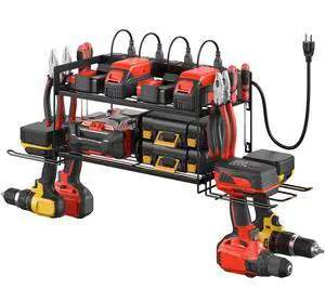 Garage Tools Storage with Charging Station. Power Tool Battery Organizer Utility Shelf with Power Strip. 4 Drills Holder Wall Mount Rack, Black Garage Tools Storage with Charging Station. Power Tool Battery Organizer Utility Shelf with Power Strip. 4 Drills Holder Wall Mount Rack, Black