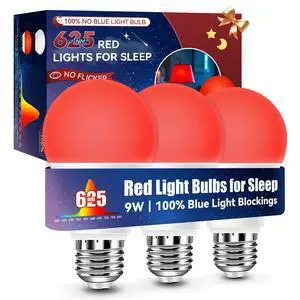Red Light Bulbs for Sleep Aid100% Blue Light Blocking625nm 9W 3PK | Support Natural Melatonin, for Sleep/Read/Baby Nursery/Circadian Rhythm, No Flicker True Blue-light-free, 9W LED=60W for Lamp Red Light Bulbs for Sleep Aid100% Blue Light Blocking625nm 9W 3PK | Support Natural Melatonin, for Sleep/Read/Baby Nursery/Circadian Rhythm, No Flicker True Blue-light-free, 9W LED=60W for Lamp