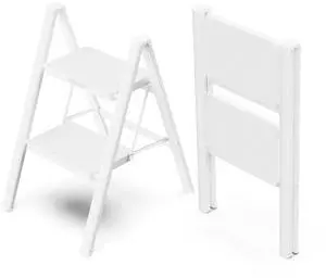 2 Step Foldable Step Stool, 330lbs Load, White | Folded 26'' H x 2'' T; Net 7.4 lbs; Anti-Slip Feet Grip Wood, Tile, Carpet; Wide Pedals; For Kitchens, Closets 2 Step Foldable Step Stool, 330lbs Load, White | Folded 26'' H x 2'' T; Net 7.4 lbs; Anti-Slip Feet Grip Wood, Tile, Carpet; Wide Pedals; For Kitchens, Closets
