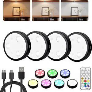 Puck Lights with Remote, 2000mAh Battery Operated Rechargeable Under Cabinet Lighting, 3 Color Temps & 7 RGB Colors, Magnetic Closet Light, Black Wireless Puck Light for Kitchen, Shelf Puck Lights with Remote, 2000mAh Battery Operated Rechargeable Under Cabinet Lighting, 3 Color Temps & 7 RGB Colors, Magnetic Closet Light, Black Wireless Puck Light for Kitchen, Shelf