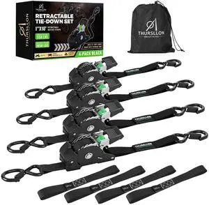 Retractable Ratchet Straps (4-Pack) - 1 Inch x 10 Feet (1,650lb Break Strength) - Auto Self Retracting Tie Down Straps for Truck, Cargo Trailer, Motorcycle, ATV, UTV - Black Retractable Ratchet Straps (4-Pack) - 1 Inch x 10 Feet (1,650lb Break Strength) - Auto Self Retracting Tie Down Straps for Truck, Cargo Trailer, Motorcycle, ATV, UTV - Black