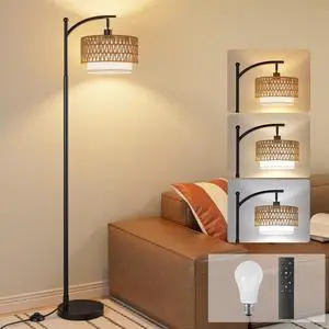 Arc Floor Lamp with Remote & Rattan Double Shades, Black Rustic | Stepless Adjustable 3000K-6500K Colors,15-100% Brightness,Memory functions,9W LED bulb,Rattan & Linen,Boho Lamp,Bedrooms Arc Floor Lamp with Remote & Rattan Double Shades, Black Rustic | Stepless Adjustable 3000K-6500K Colors,15-100% Brightness,Memory functions,9W LED bulb,Rattan & Linen,Boho Lamp,Bedrooms