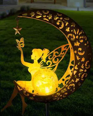 Solar Fairy Moon Garden Stake Light, Outdoor Yard Patio Decor Gift | Auto dusk glow; no wiring; rust-resistant metal; warm patterned reflections; pathway, lawn and backyard accent Solar Fairy Moon Garden Stake Light, Outdoor Yard Patio Decor Gift | Auto dusk glow; no wiring; rust-resistant metal; warm patterned reflections; pathway, lawn and backyard accent