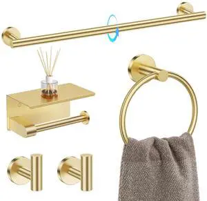 5 Piece Bathroom Hardware Set, Brushed Gold Bathroom Accessories | SUS304 Stainless Steel, 23.6" Brushed Gold Toilet Paper Holder with Shelf, Towel Racks for Bathroom Wall Mounted, Towel Bars 5 Piece Bathroom Hardware Set, Brushed Gold Bathroom Accessories | SUS304 Stainless Steel, 23.6" Brushed Gold Toilet Paper Holder with Shelf, Towel Racks for Bathroom Wall Mounted, Towel Bars