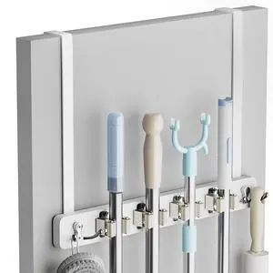 Broom Holder Door Mount, Wood Over the Door Broom and Mop Holder | 4 Slots 4 Hooks, No Drill Setup, EVA Protection Pads, Secure Grip, Laundry Garage Closet Kitchen Use, White Broom Holder Door Mount, Wood Over the Door Broom and Mop Holder | 4 Slots 4 Hooks, No Drill Setup, EVA Protection Pads, Secure Grip, Laundry Garage Closet Kitchen Use, White