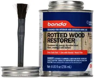 Bondo Rotted Wood Restorer, 8 fl oz., Penetrates into Spongy, Dry-rotted Wood Fibers Creating a Solid Surface, Dries clear and tack free, Water Resistant, Stainable and paintable (20131) Bondo Rotted Wood Restorer, 8 fl oz., Penetrates into Spongy, Dry-rotted Wood Fibers Creating a Solid Surface, Dries clear and tack free, Water Resistant, Stainable and paintable (20131)