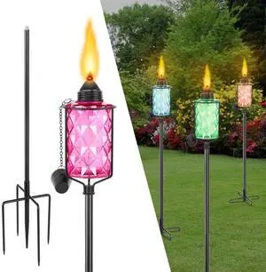 Glass Garden Torch for Outside 4 Pack, Citronella Torches with 5-Prong Grounded Stake,Colorful Outdoor Torch Garden Decor Canisters 12 oz,Metal Light Torches for Party Patio Pathway Glass Garden Torch for Outside 4 Pack, Citronella Torches with 5-Prong Grounded Stake,Colorful Outdoor Torch Garden Decor Canisters 12 oz,Metal Light Torches for Party Patio Pathway