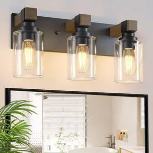Farmhouse 3-Light Bathroom Vanity Light Fixtures, Black and Wood | 18.8 Rustic Matte Black Metal Frame, Clear Glass Shades, Vintage Wall Sconces Lighting Over Mirror, for Bathroom Restroom Farmhouse 3-Light Bathroom Vanity Light Fixtures, Black and Wood | 18.8 Rustic Matte Black Metal Frame, Clear Glass Shades, Vintage Wall Sconces Lighting Over Mirror, for Bathroom Restroom