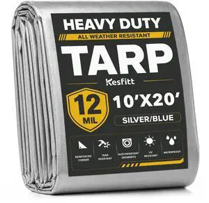 12 Mil Heavy Duty Waterproof Tarp with Metal Grommets, 10x20 ft, Silver & Blue Reversible Poly Tarp for Outdoor Protection, Yard, Worksite, Pools, Vehicles, Equipment Coverage 12 Mil Heavy Duty Waterproof Tarp with Metal Grommets, 10x20 ft, Silver & Blue Reversible Poly Tarp for Outdoor Protection, Yard, Worksite, Pools, Vehicles, Equipment Coverage