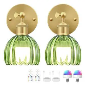 Vintage Battery Operated Wall Sconce, Green Tulip Glass Lampshade Wireless Rechargeable Battery Powered LED Wall Light with Remote Dimmable for Bedside Bedroom Doorway Living Room, Set of 2 Vintage Battery Operated Wall Sconce, Green Tulip Glass Lampshade Wireless Rechargeable Battery Powered LED Wall Light with Remote Dimmable for Bedside Bedroom Doorway Living Room, Set of 2